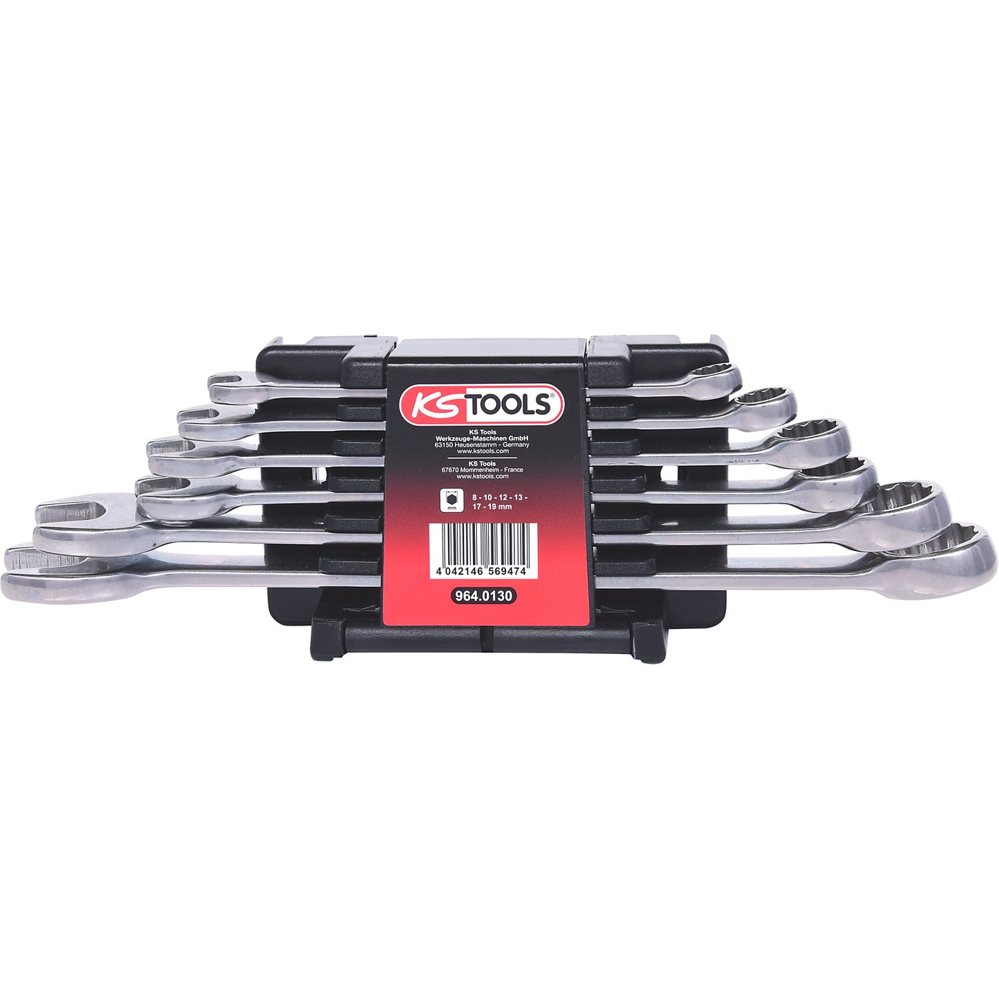 Stainless steel combination spanner set, 15° fork position, 6 parts.