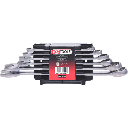 Stainless steel combination spanner set, 15° fork position, 6 parts.