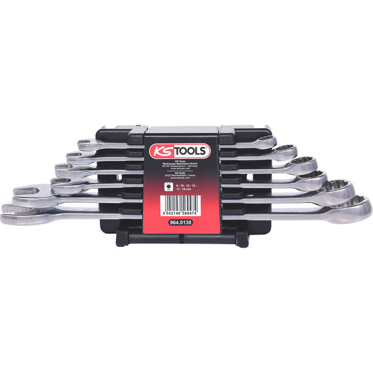 Stainless steel combination spanner set, 15° fork position, 6 parts.
