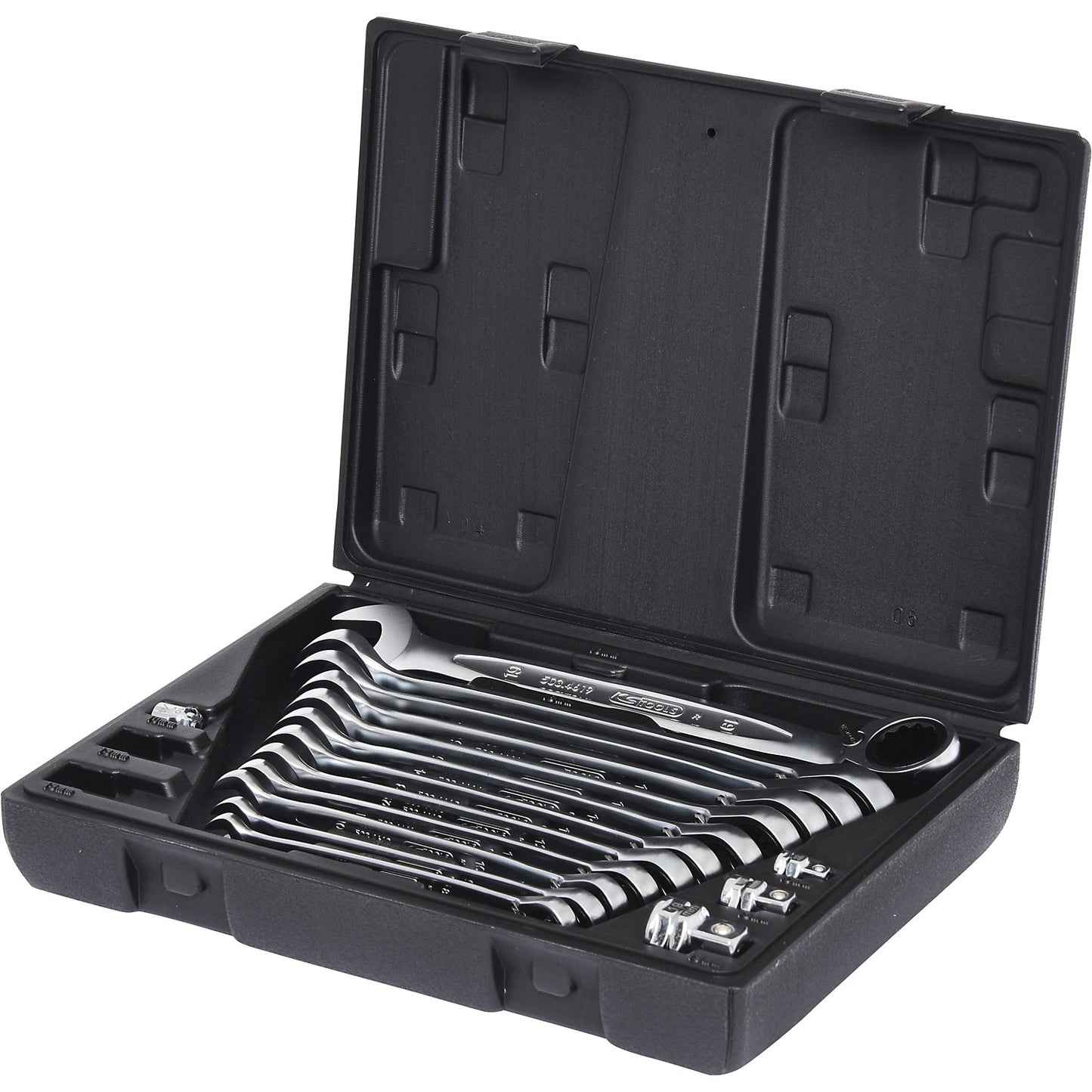 GEARplus ratcheting spanner set, reversing, ring offset 15°, in a case, for bits, 16 parts.
