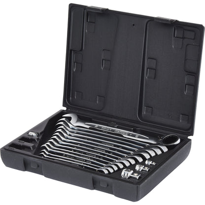 GEARplus ratcheting spanner set, reversing, ring offset 15°, in a case, for bits, 16 parts.
