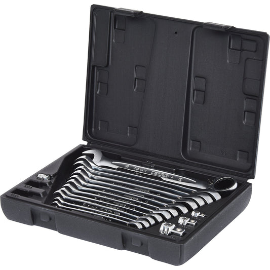 GEARplus ratcheting spanner set, reversing, ring offset 15°, in a case, for bits, 16 parts.
