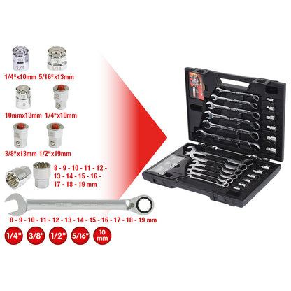 GEARplus RINGSTOP combination ratcheting spanner with adapter, FlankTraction, 30 parts.