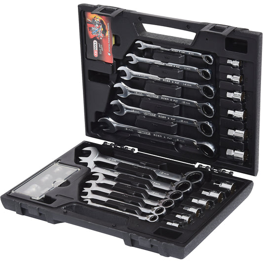 GEARplus RINGSTOP combination ratcheting spanner with adapter, FlankTraction, 30 parts.
