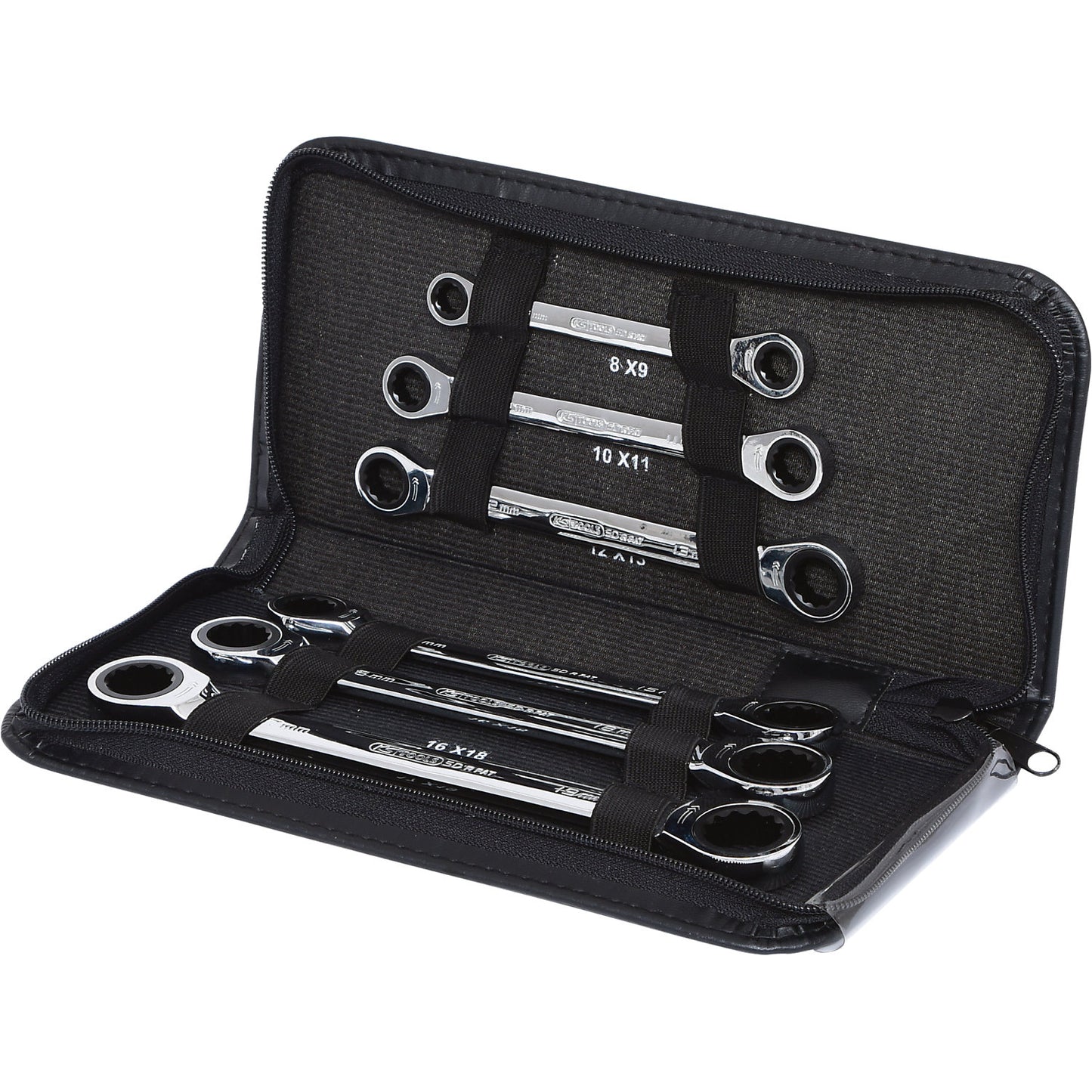 GEARplus double ring ratchet spanner set, leather pouch, 6 parts.