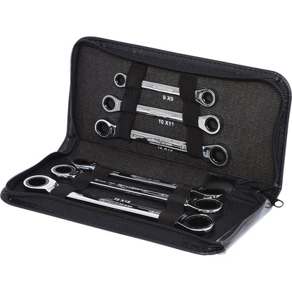 GEARplus double ring ratchet spanner set, leather pouch, 6 parts.