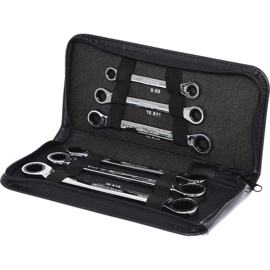 GEARplus double ring ratchet spanner set, leather pouch, 6 parts.