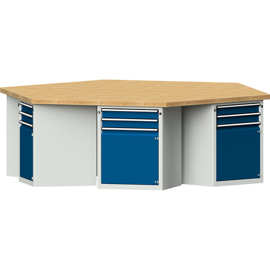Group workbench, 6 cabinets, 2 drawers each, 1 door, solid beech worktop.