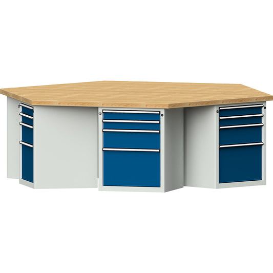 Group workbench, 6 cabinets, 4 drawers each, solid beech worktop.