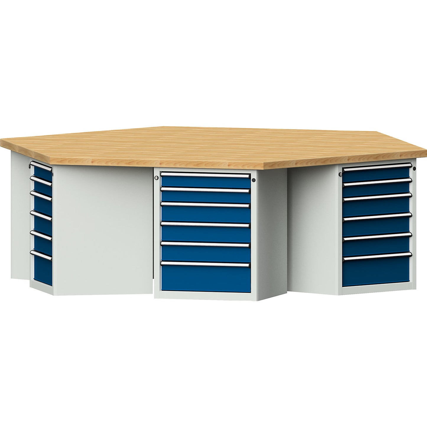 Group workbench, 6 cabinets, 6 drawers each, solid beech worktop.