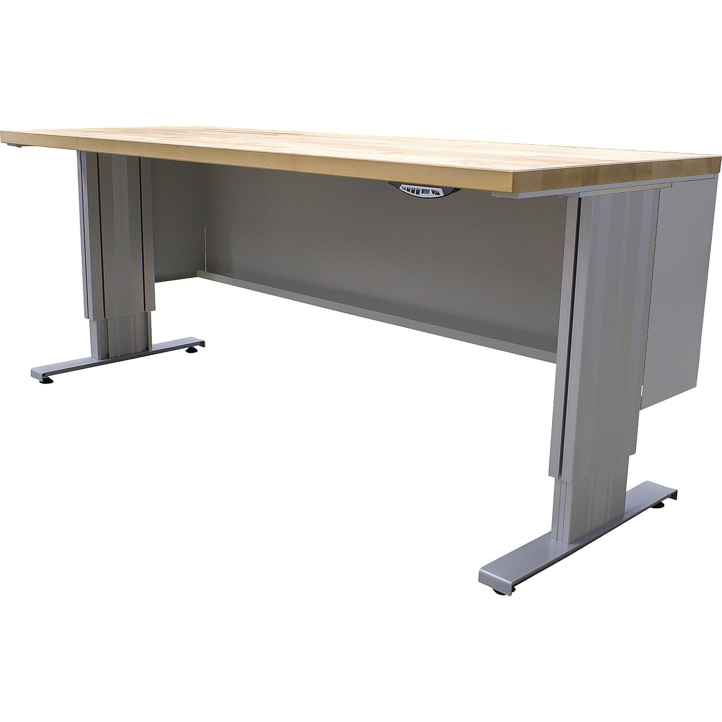 Electrically height adjustable workbench, worktop depth 800 mm, solid beech worktop, width 2000 mm.