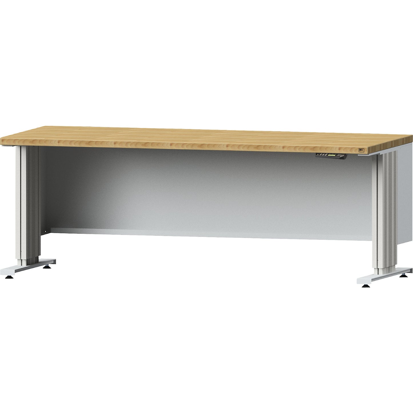 Electrically height adjustable workbench, worktop depth 800 mm, solid beech worktop, width 2000 mm.