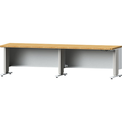 Electrically height adjustable workbench, worktop depth 800 mm, solid beech worktop, width 2800 mm.