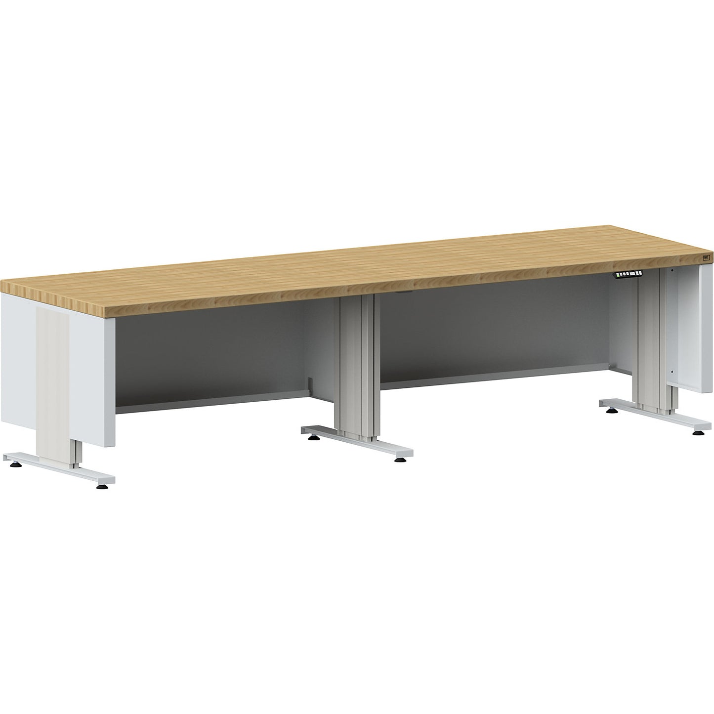 Electrically height adjustable workbench, worktop depth 800 mm, solid beech worktop, width 2800 mm.