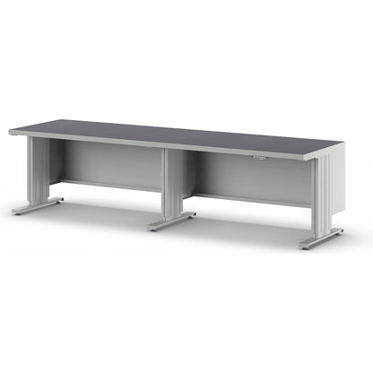 Electrically height adjustable workbench, worktop depth 800 mm, worktop with universal lining, width 2800 mm.