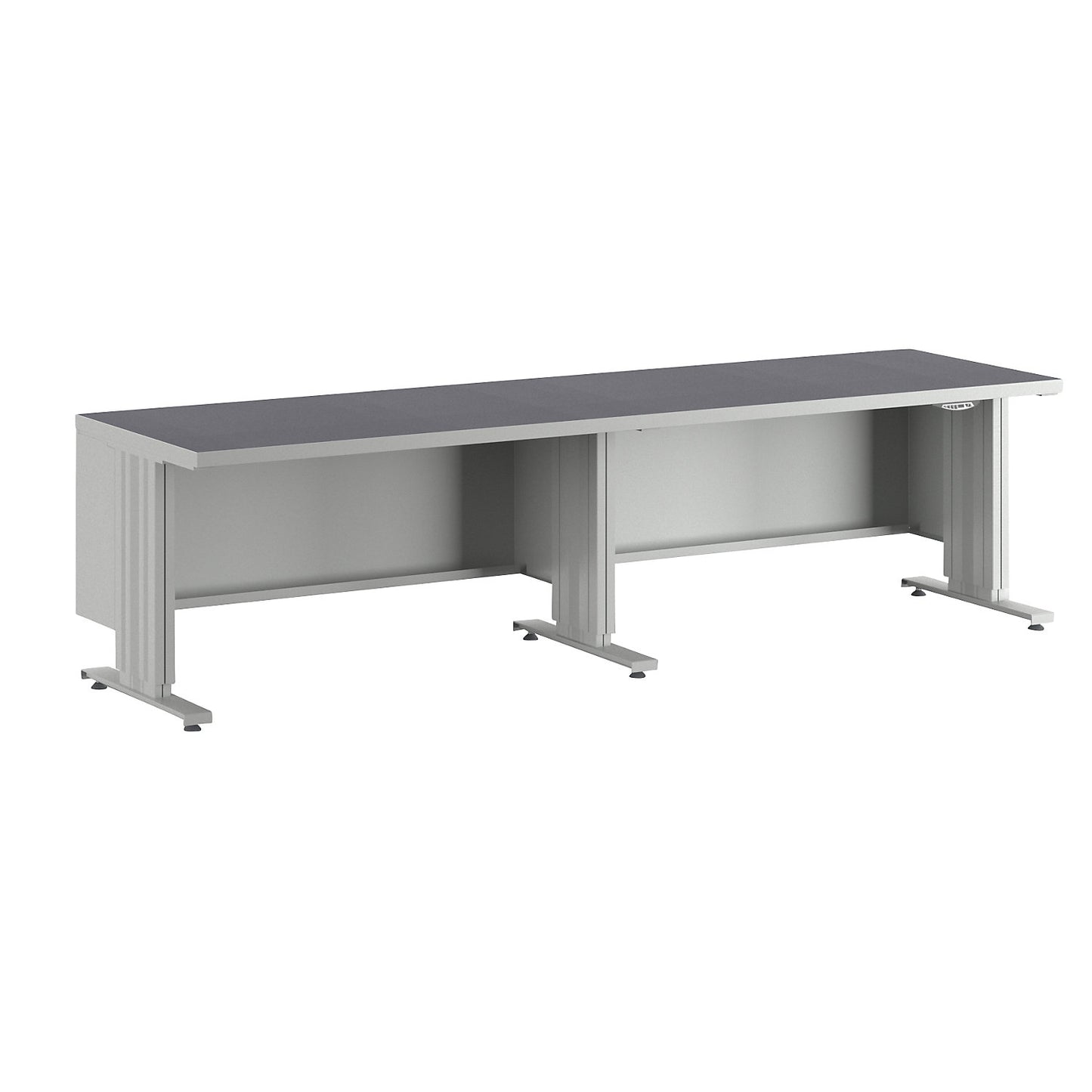 Electrically height adjustable workbench, worktop depth 800 mm, worktop with universal lining, width 2800 mm.