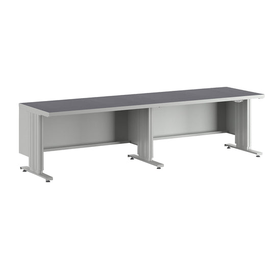 Electrically height adjustable workbench, worktop depth 800 mm, worktop with universal lining, width 2800 mm.