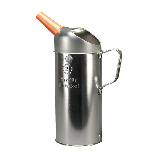 Sheet steel oil can for mineral oil, with plastic spout, pack of 5, capacity 2 l.