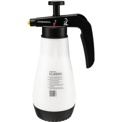 Pump spray container, for mineral oils, capacity 1.5 l, PE white-transparent.