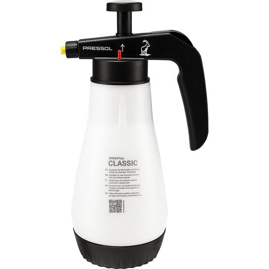 Pump spray container, for mineral oils, capacity 1.5 l, PE white-transparent.