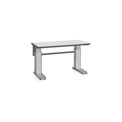 Electrically height adjustable work table, max. load 500 kg, LxW 1600 x 800 mm, grey laminate.