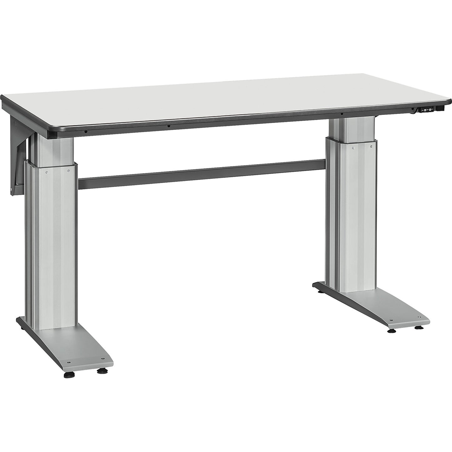Electrically height adjustable work table, max. load 500 kg, LxW 1600 x 800 mm, grey laminate.