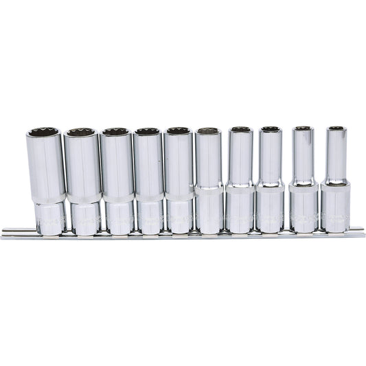 1/2'' CHROMEplus 12 point socket set, long, flank traction, 10 parts.