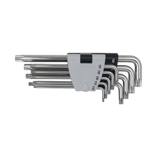 Stainless steel angle key wrench set, long, tamper resistant Torx, 9 parts.
