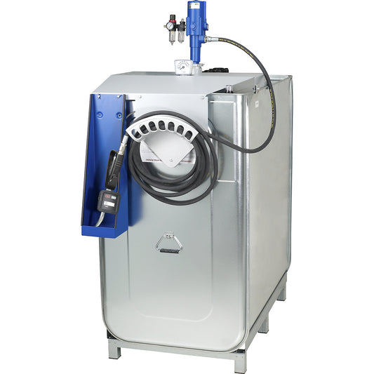 Compact oil tank system for fresh oil / low flammability oils, capacity 1000 l, pneumatic pump, hose length 8 m.