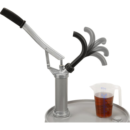 Lever operated cylinder-type manual pump, pump rate 18 l/min, with drainage elbow, for oil, diesel.