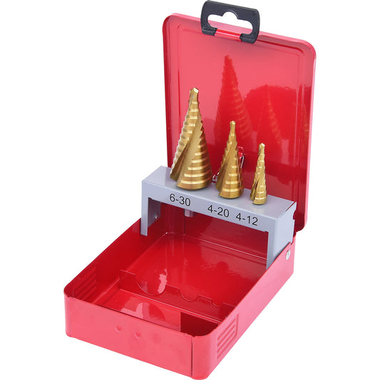 HSS TiN stepped drill set, sheet steel case, 3 parts, 4 - 30 mm.