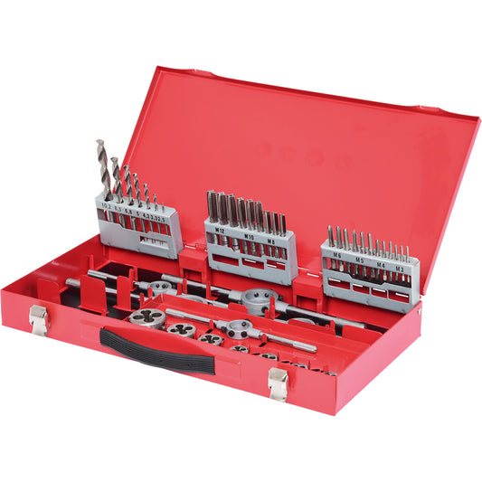 HSS tap and die set, 44 parts, industrial case.