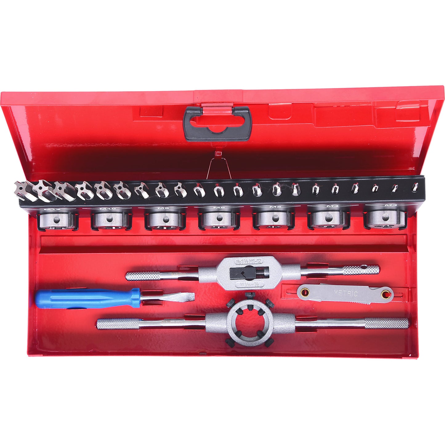 HSS Co tap and die set, 32 parts, industrial case.