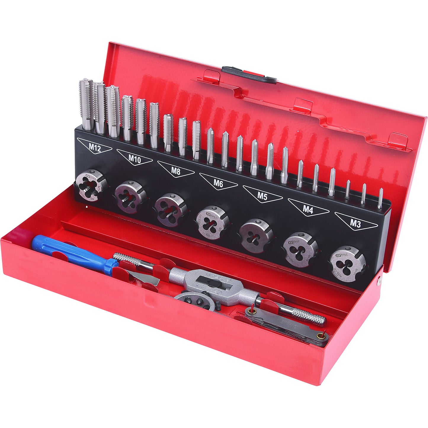 HSS Co tap and die set, 32 parts, industrial case.