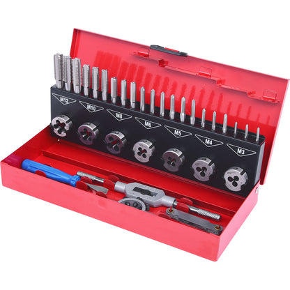 HSS Co tap and die set, 32 parts, industrial case.
