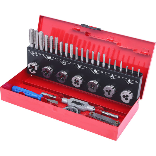 HSS Co tap and die set, 32 parts, industrial case.