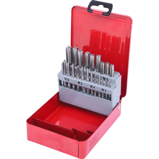 HSS Co hand drill tap set M, sheet steel case, 21 parts, M3 - M12.