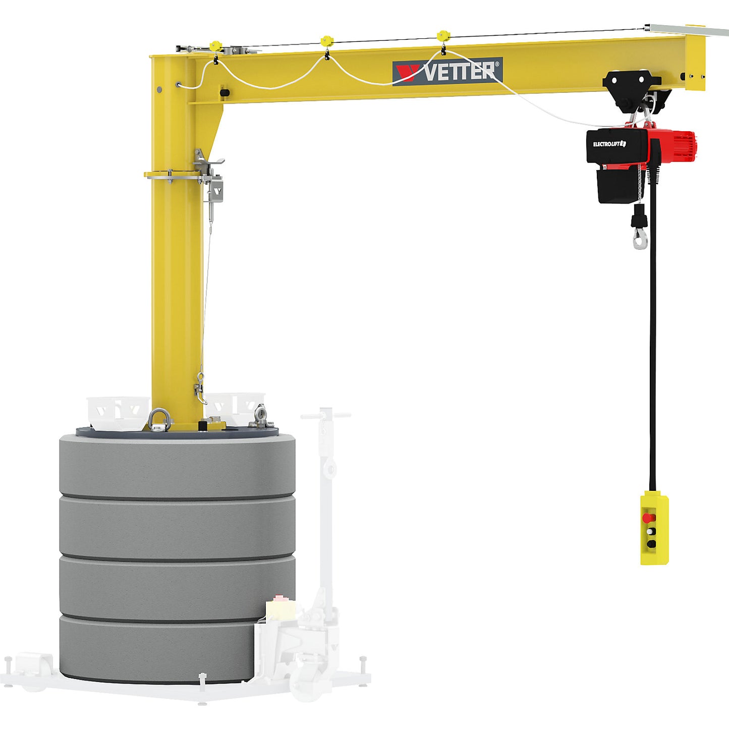 Mobile post mounted jib crane, slewing range 360°, max. load 500 kg, reach 2.0 m.