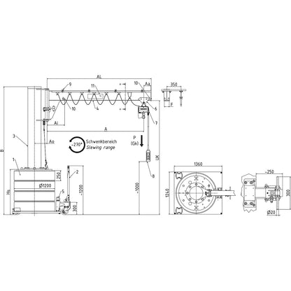 Mobile post mounted jib crane, slewing range 270°, max. load 125 kg, reach 3.0 m.