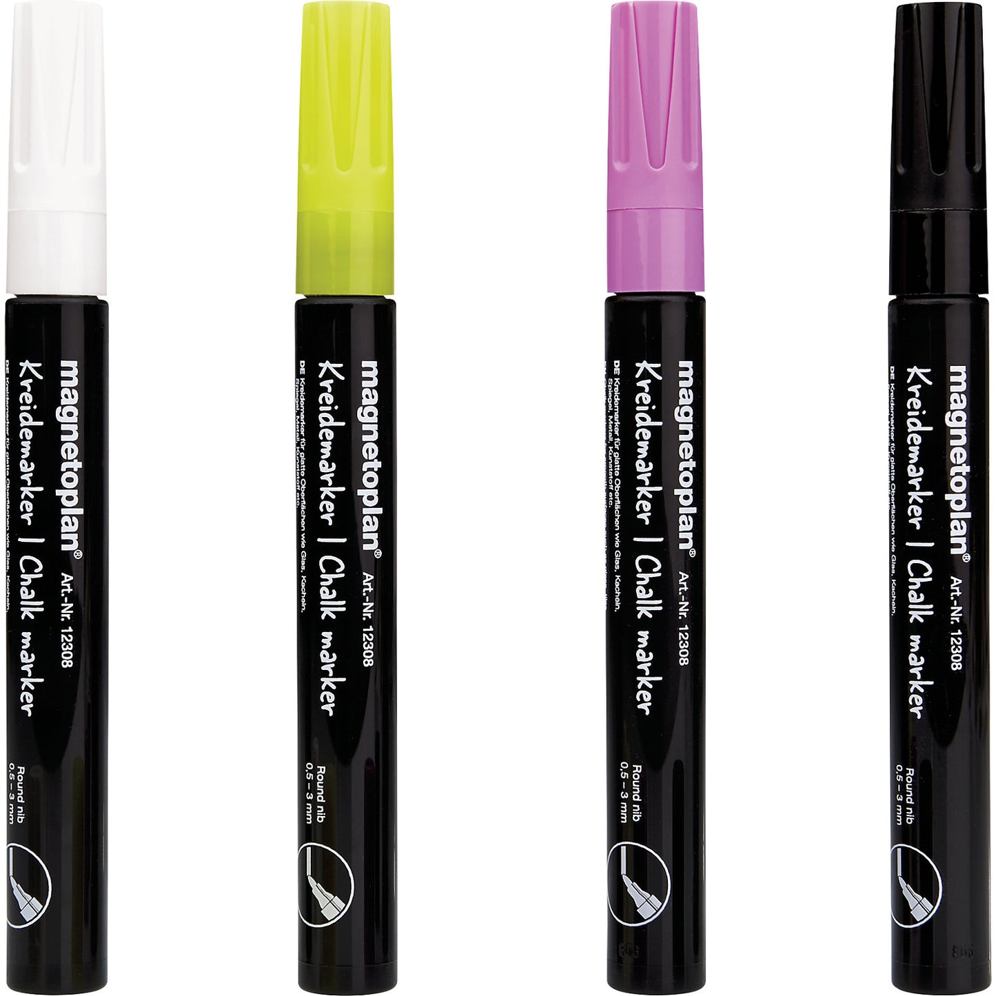 Chalk marker, assorted colours, black, white, yellow, pink, pack of 16.