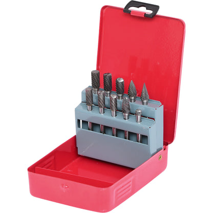 HM milling burr set, 10 pcs, in sheet steel case, silver.
