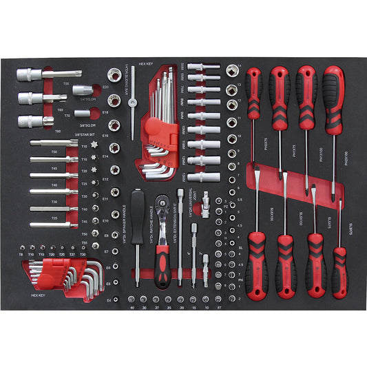 Tool shadow board, socket set 108 parts, for WxD 525 x 390 mm, with 1 ratchet 1/4''.