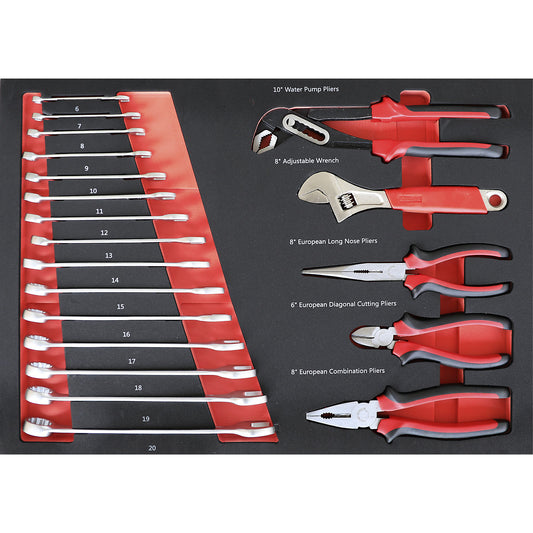 Tool shadow board, open ended spanner + pliers, for WxD 525 x 390 mm, 20 parts.