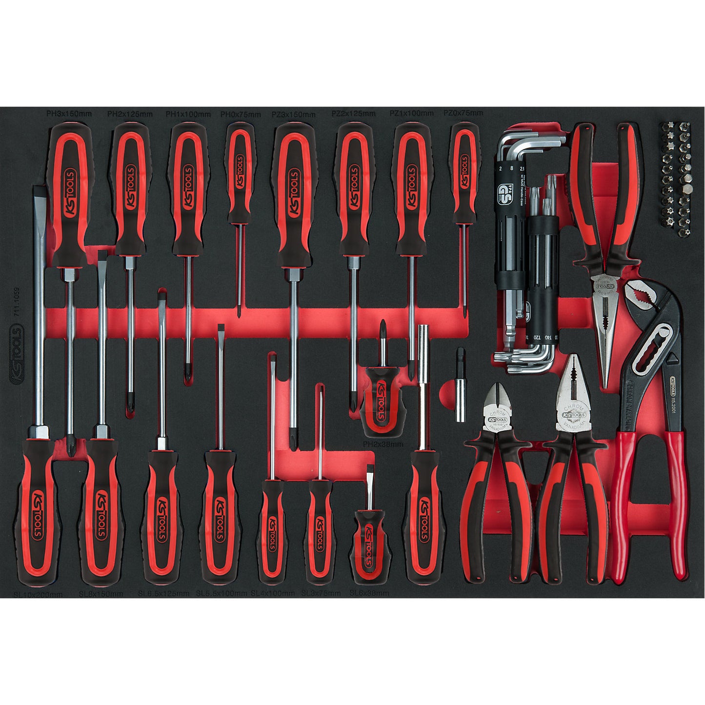 Screwdriver and pliers set, 59 parts, full drawer inlay.
