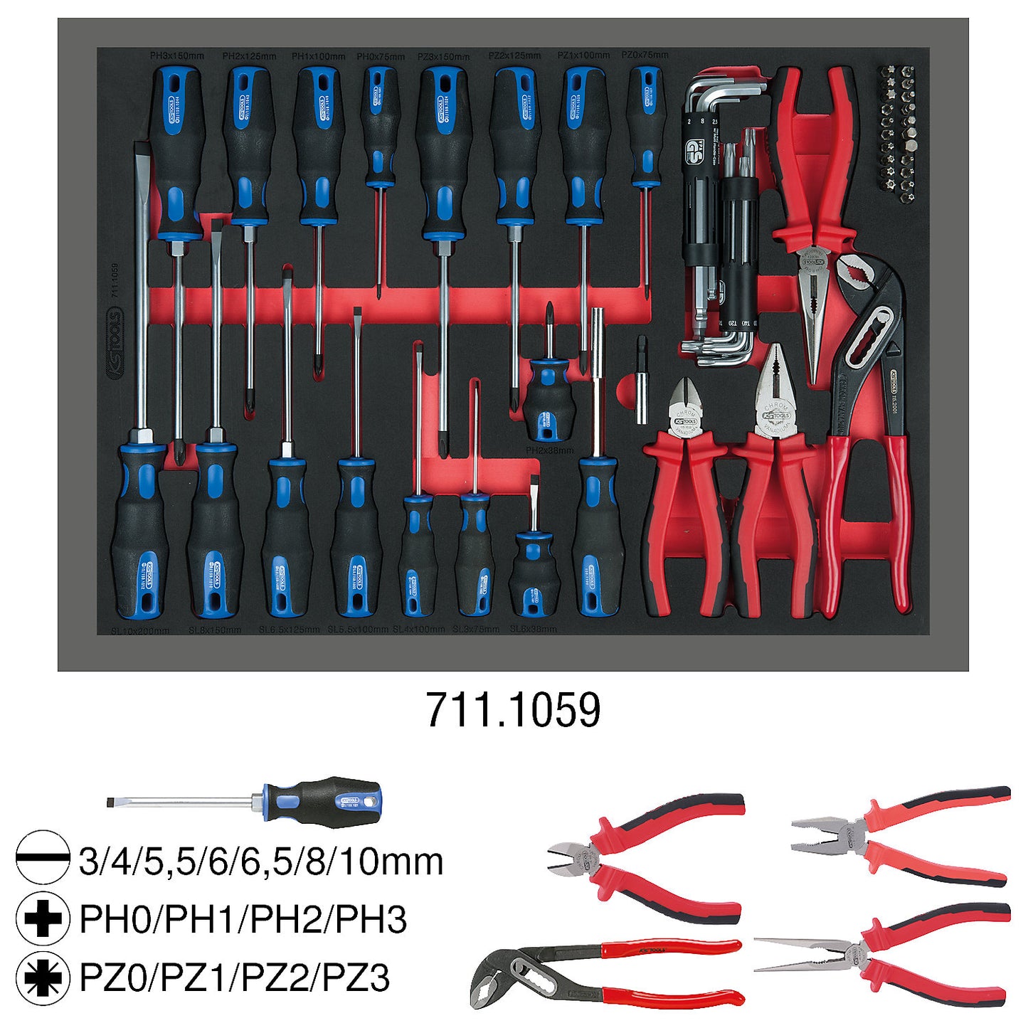 Screwdriver and pliers set, 59 parts, full drawer inlay.