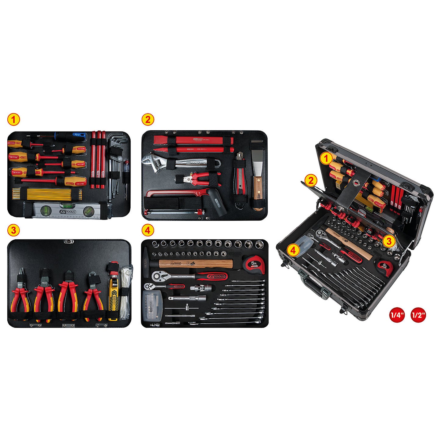 1/4'' + 1/2'' electricians' tool case, 128 parts, FlankTraction.