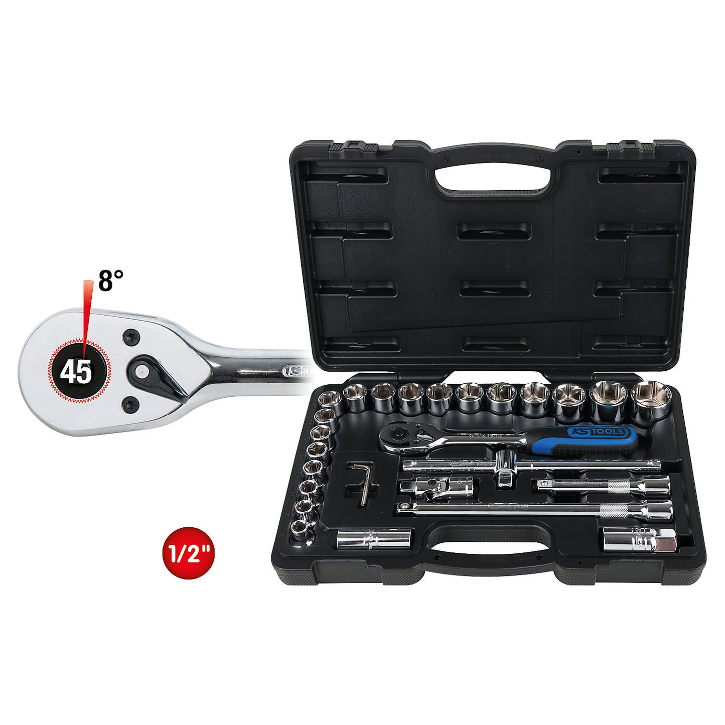 1/2'' CHROMEplus socket set, 28 parts, flank traction.