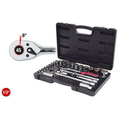 1/2'' CHROMEplus socket set, 28 parts, flank traction.