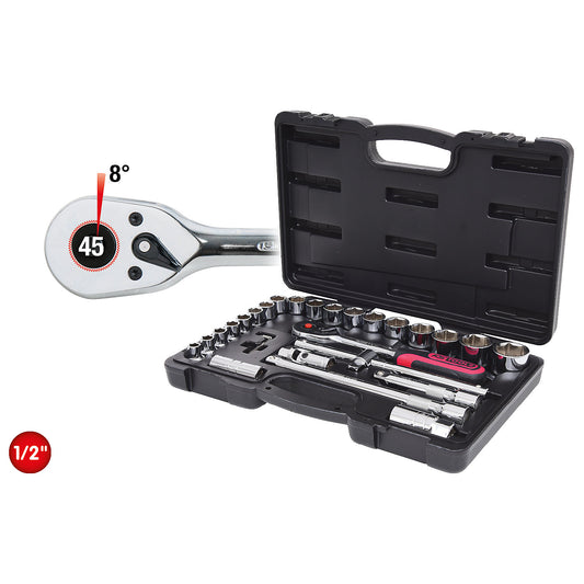 1/2'' CHROMEplus socket set, 28 parts, flank traction.