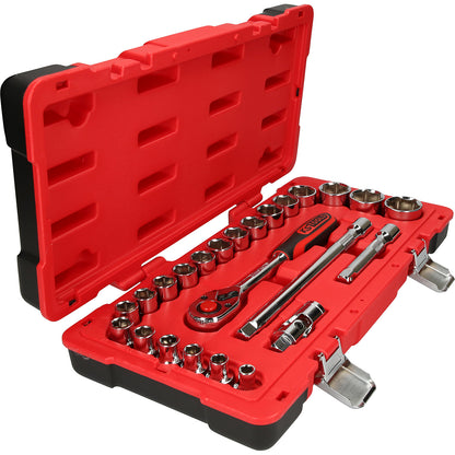 1/2'' CHROMEplus socket set, 24 parts, flank traction.